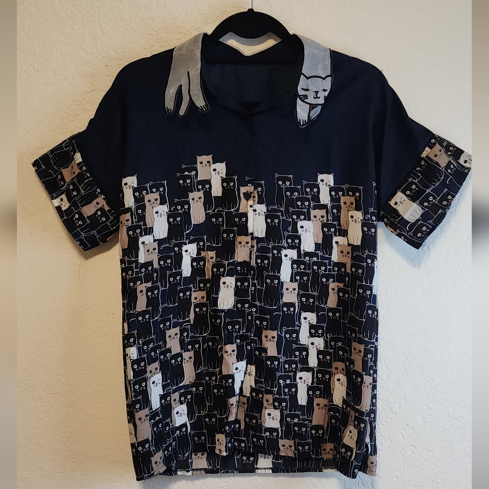 Button Down Cat Patterned Navy Shirt With Cat Col… - image 1